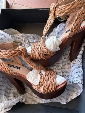 Shoe Mint Woven Braided Platform Sandals - Tan